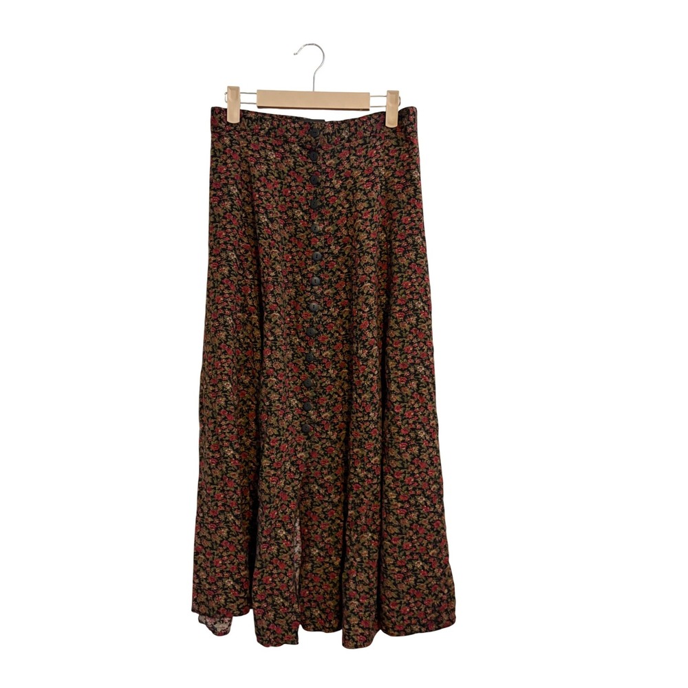 Vintage Express Floral Button Front Maxi Skirt Black Red Rayon 90s Made in USA L